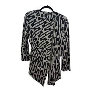 Boho Chic Jacket Abstract Artsy L Black Grey 3/4 Sleeve Rouching Zip Front VNTG